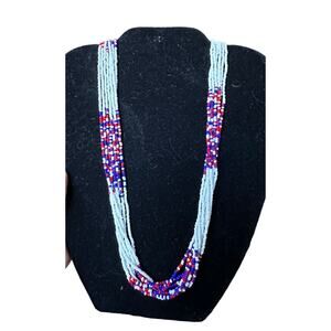 Seed Bead Necklace Native Southwestern Red White Blue Boho Americana 16” Drop NM